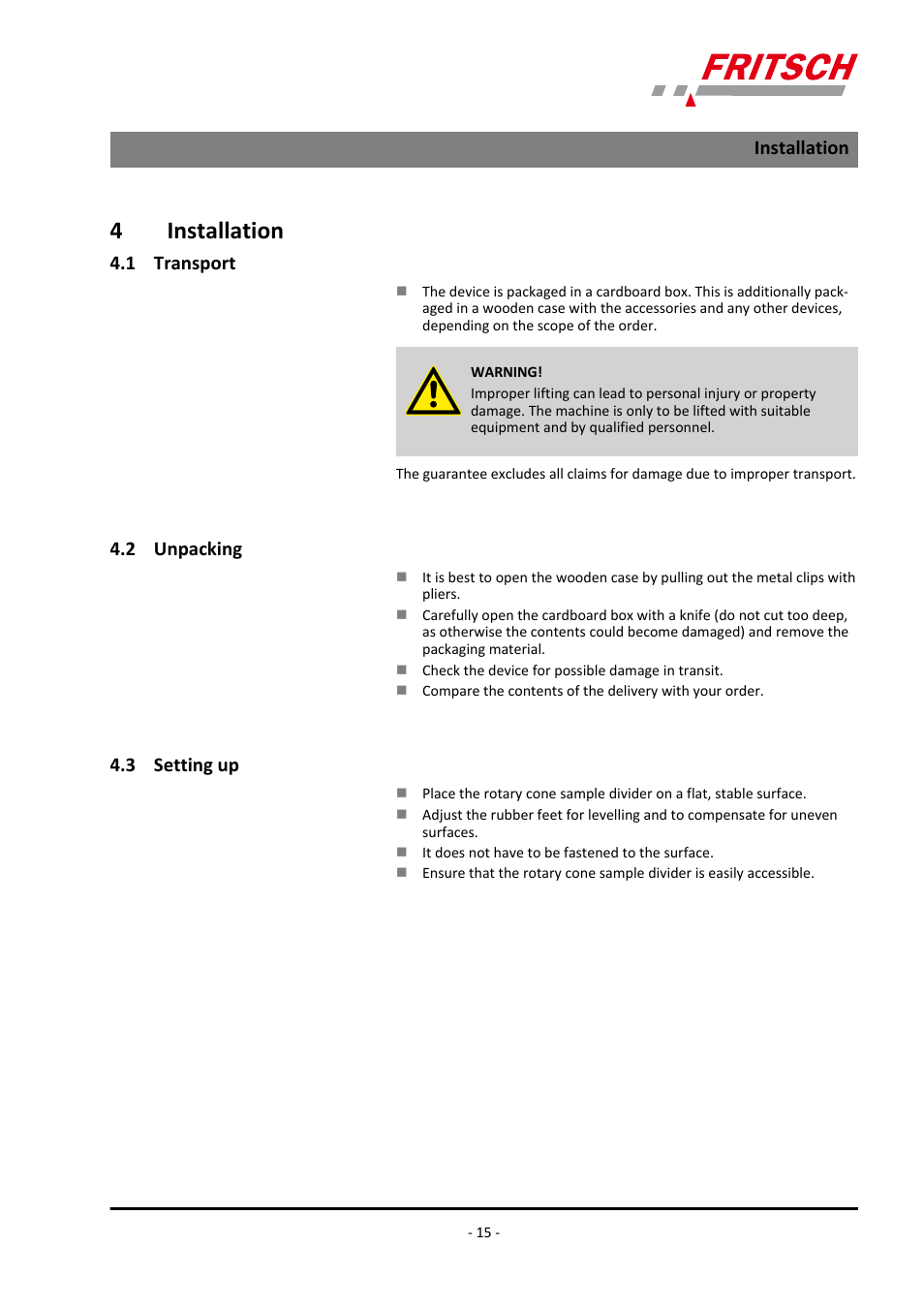 4 installation, 1 transport, 2 unpacking | 3 setting up, 4installation | FRITSCH LABORETTE 27 User Manual | Page 15 / 36