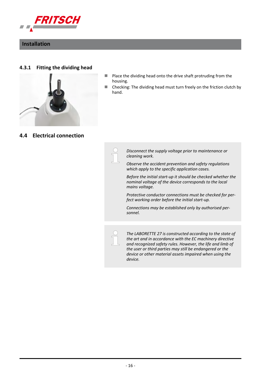 1 fitting the dividing head, 4 electrical connection, Installation | FRITSCH LABORETTE 27 User Manual | Page 16 / 36