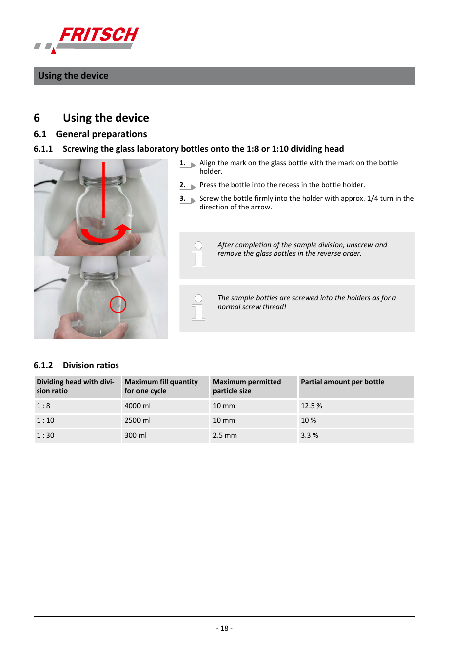 6 using the device, 1 general preparations, 2 division ratios | 10 dividing head, 6using the device | FRITSCH LABORETTE 27 User Manual | Page 18 / 36