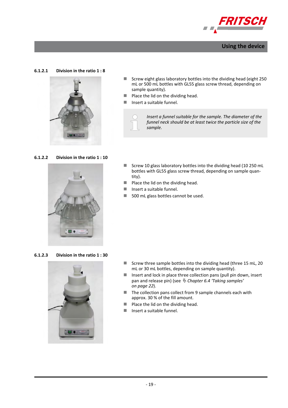 1 division in the ratio 1 : 8, 2 division in the ratio 1 : 10, 3 division in the ratio 1 : 30 | Using the device | FRITSCH LABORETTE 27 User Manual | Page 19 / 36