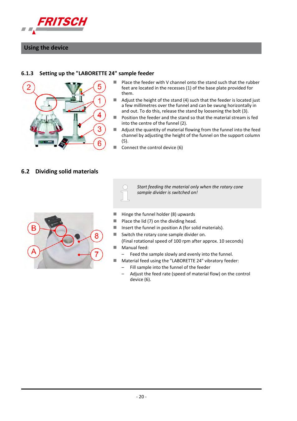 3 setting up the "laborette 24" sample feeder, 2 dividing solid materials, Using the device | FRITSCH LABORETTE 27 User Manual | Page 20 / 36