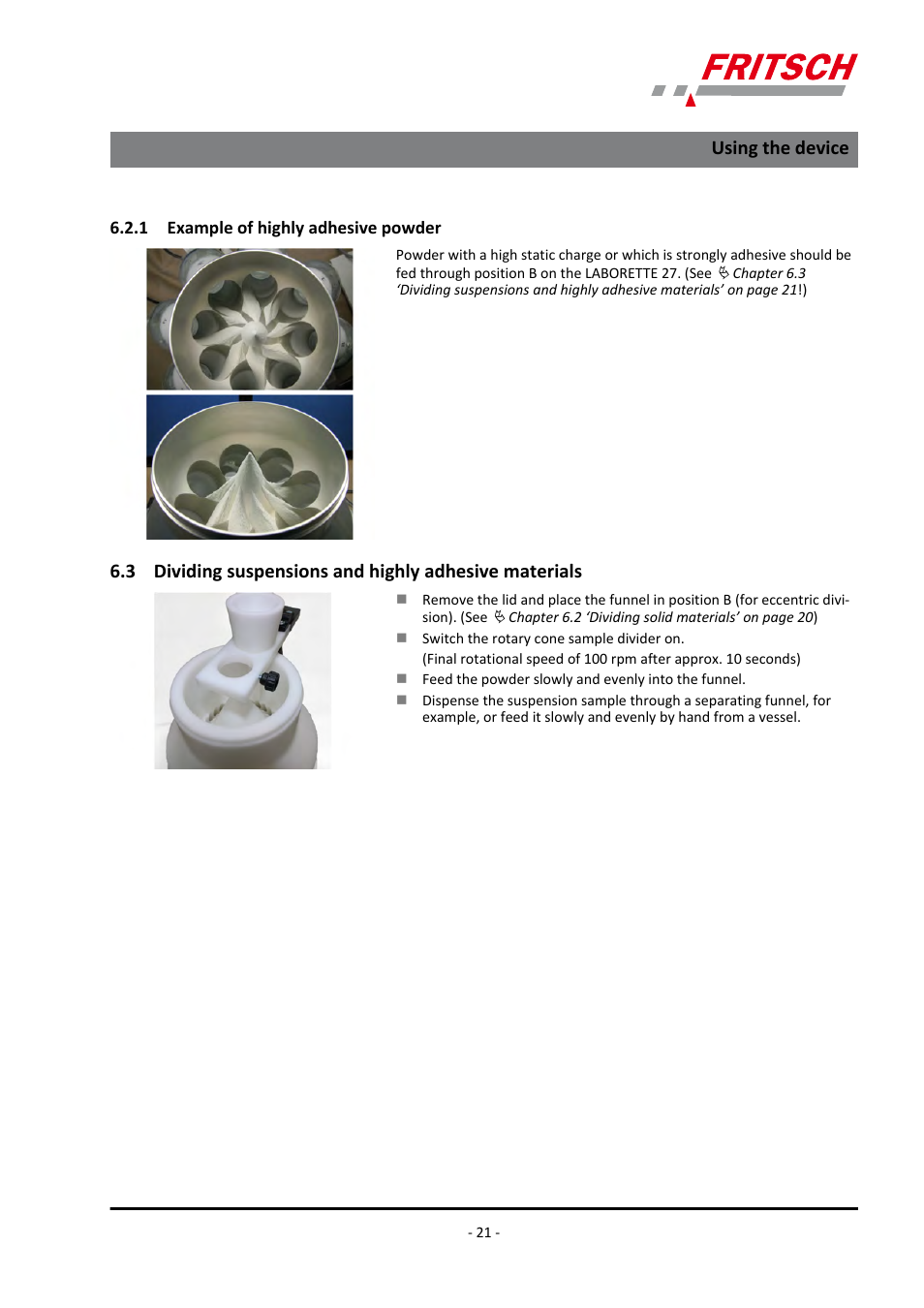 1 example of highly adhesive powder, Using the device | FRITSCH LABORETTE 27 User Manual | Page 21 / 36