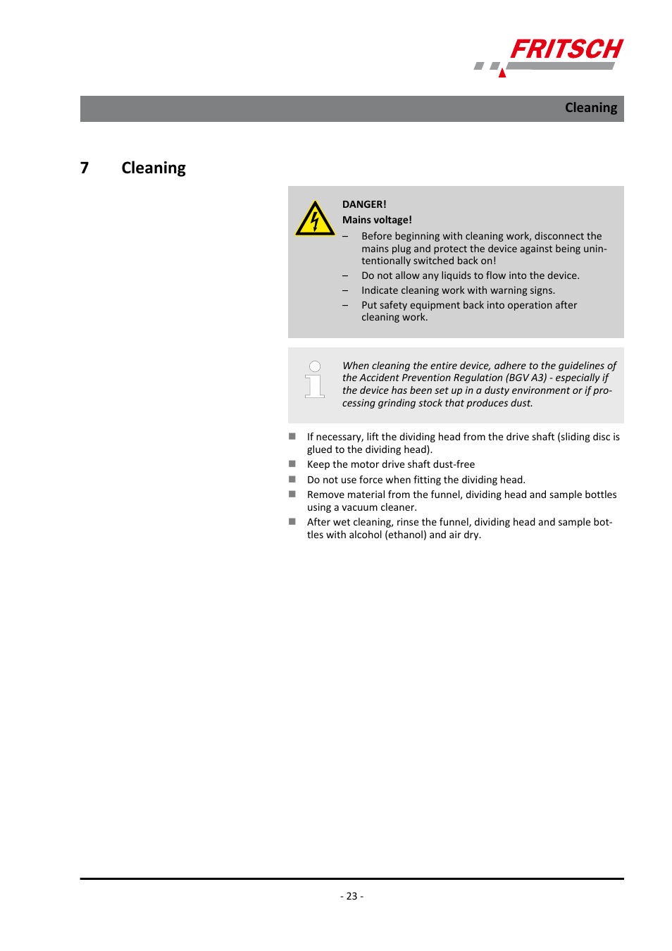 7 cleaning, Cleaning, 7cleaning | FRITSCH LABORETTE 27 User Manual | Page 23 / 36