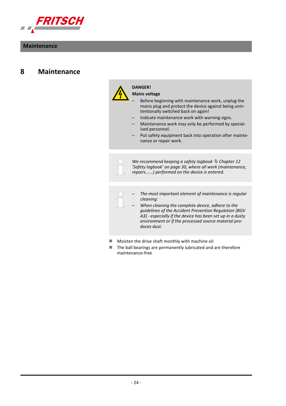 8 maintenance, Maintenance, 8maintenance | FRITSCH LABORETTE 27 User Manual | Page 24 / 36