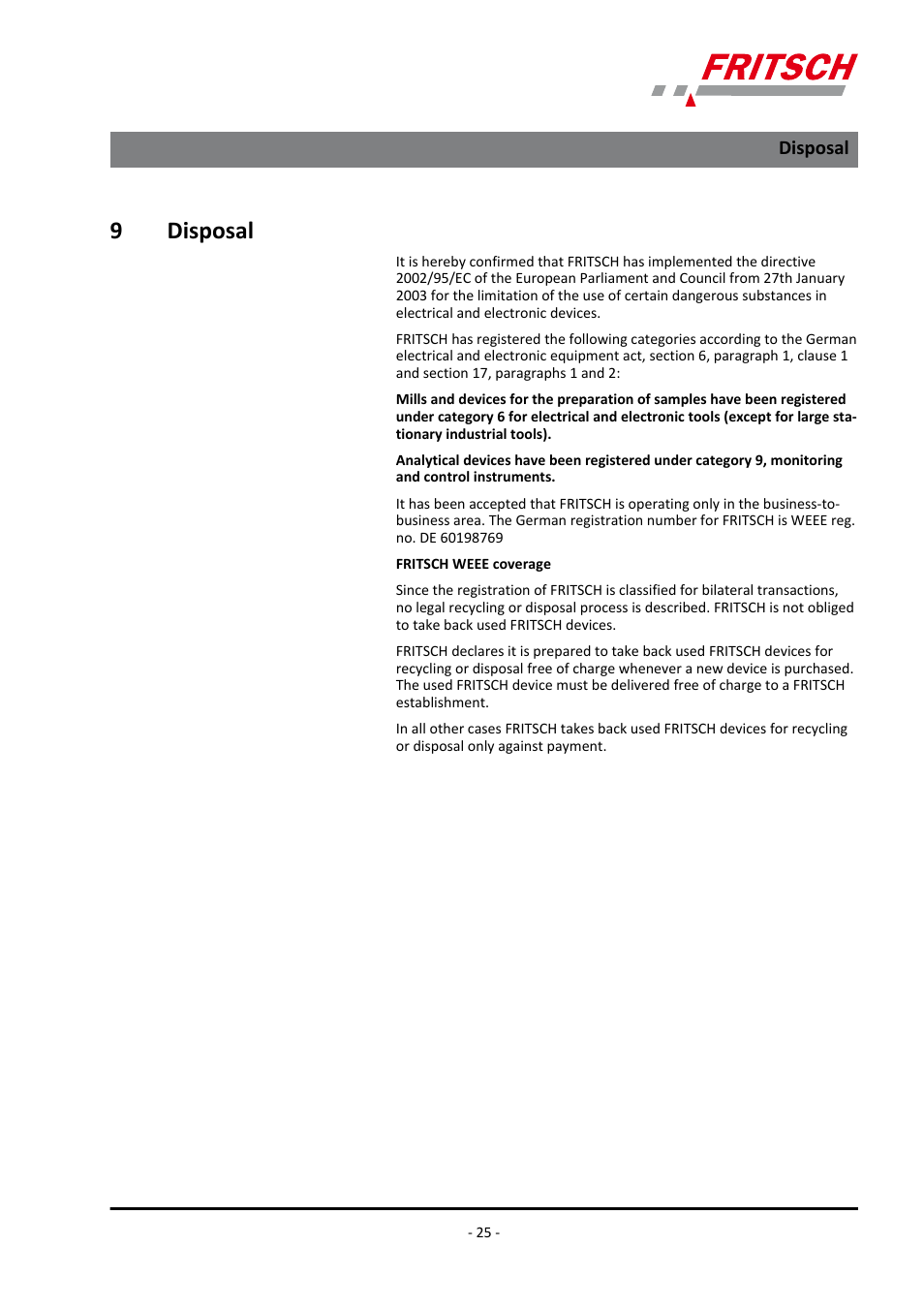 9 disposal, Disposal, 9disposal | FRITSCH LABORETTE 27 User Manual | Page 25 / 36