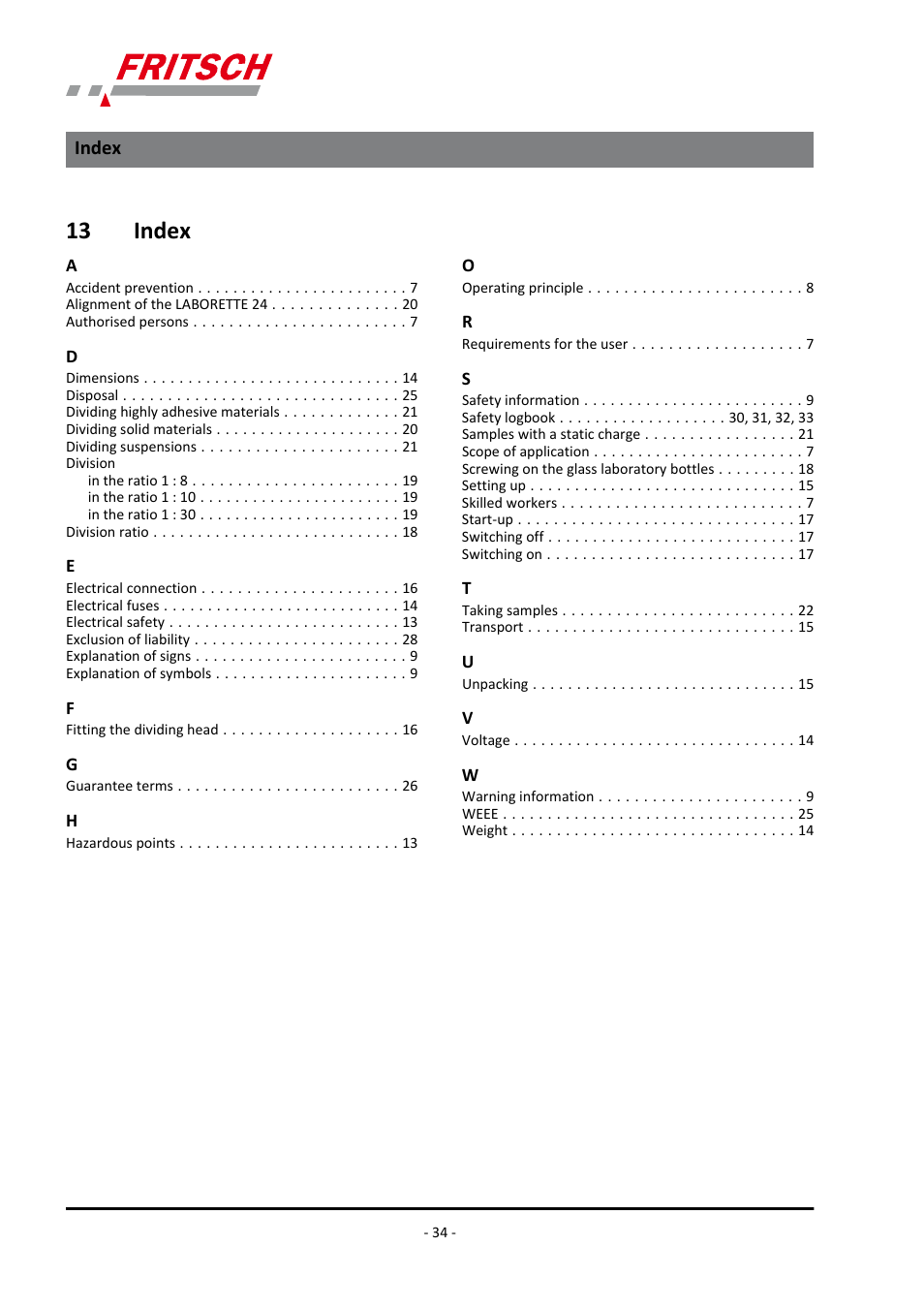 13 index, Index | FRITSCH LABORETTE 27 User Manual | Page 34 / 36