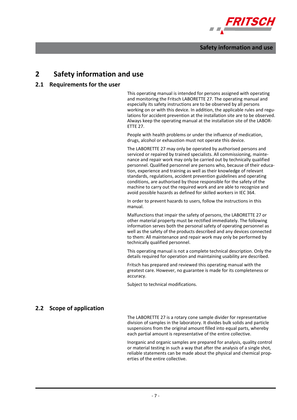 2 safety information and use, 1 requirements for the user, 2 scope of application | 2safety information and use | FRITSCH LABORETTE 27 User Manual | Page 7 / 36