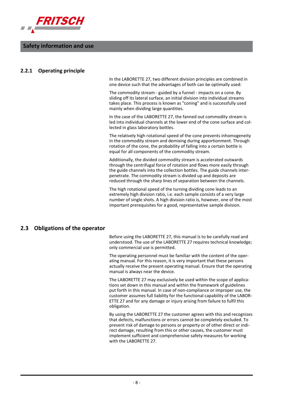 1 operating principle, 3 obligations of the operator, Safety information and use | FRITSCH LABORETTE 27 User Manual | Page 8 / 36