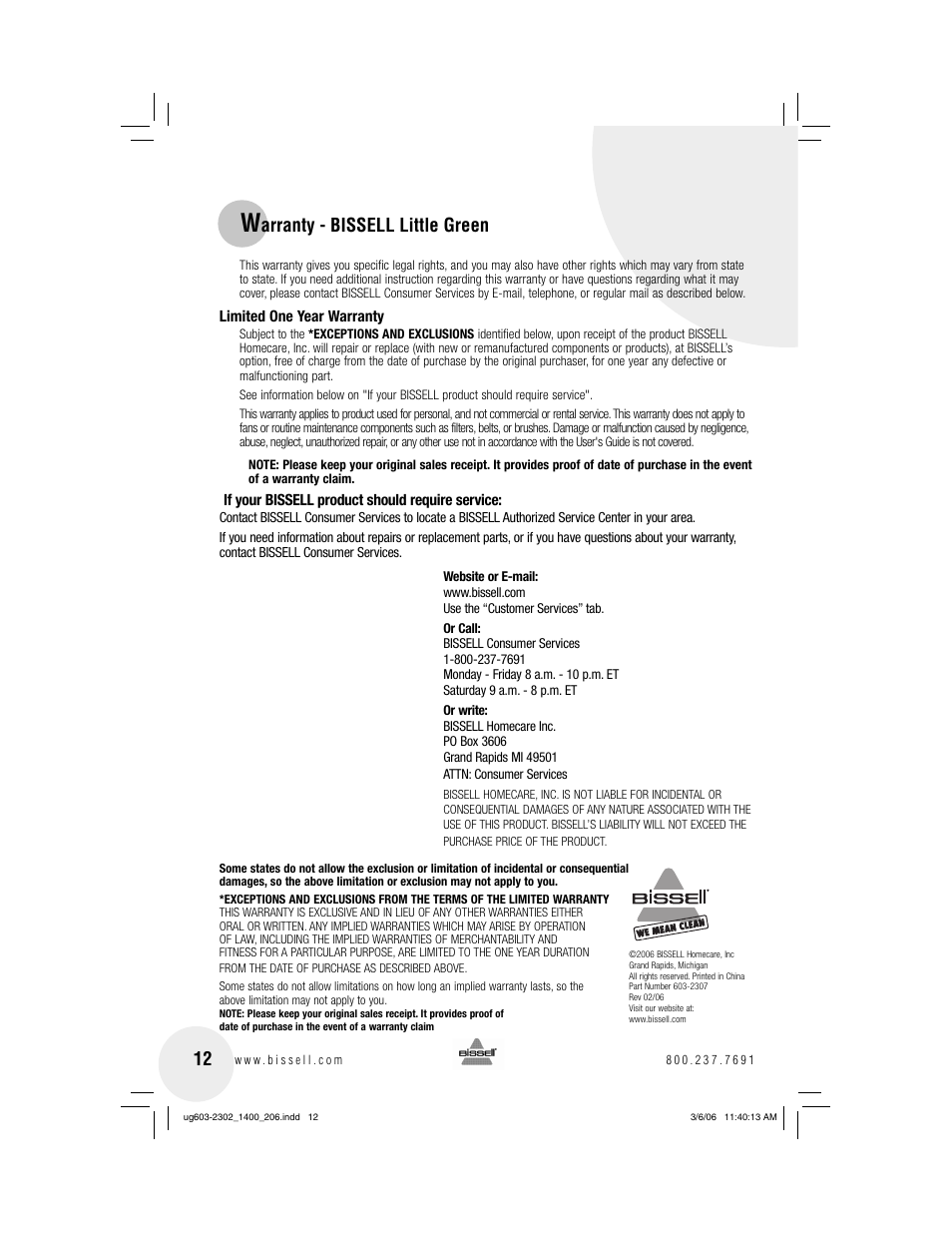 Arranty - bissell little green | Bissell LITTLE GREEN 1400 series User Manual | Page 12 / 12