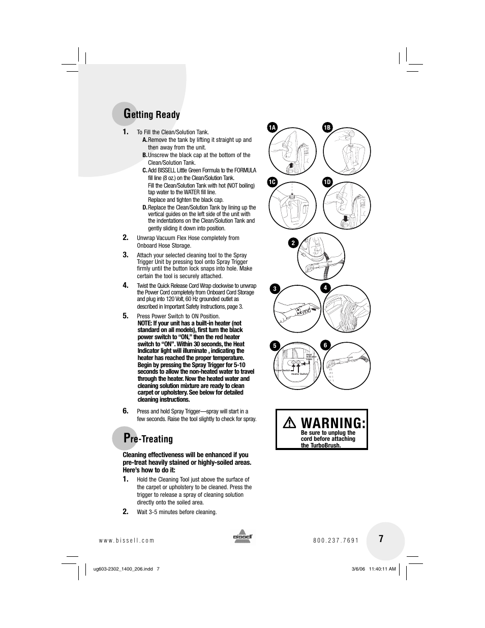 Warning, Etting ready 7, Re-treating | Bissell LITTLE GREEN 1400 series User Manual | Page 7 / 12