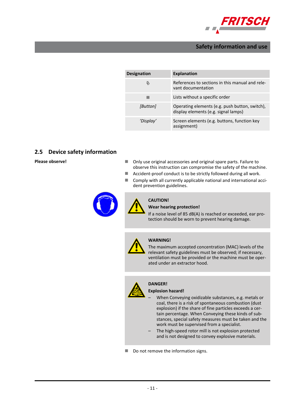 5 ​​device safety information, 5 device safety information, Safety information and use | FRITSCH LABORETTE 24 with V-shaped channel User Manual | Page 11 / 40
