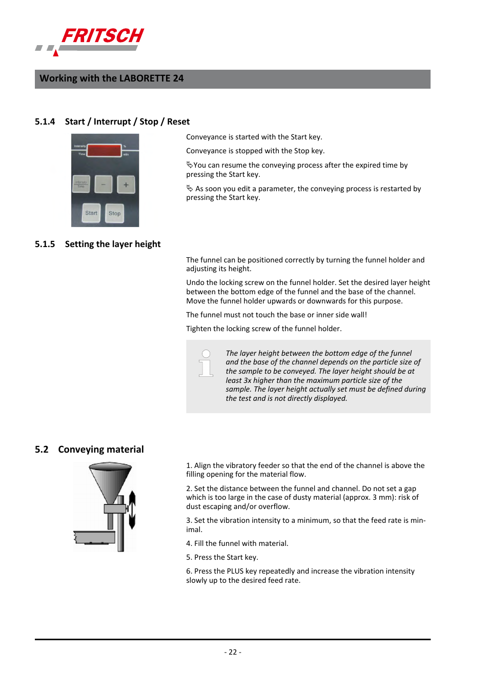 4 ​​start / interrupt / stop / reset, 5 ​​setting the layer height, 2 ​​conveying material | 2 conveying material, Working with the laborette 24 | FRITSCH LABORETTE 24 with V-shaped channel User Manual | Page 22 / 40