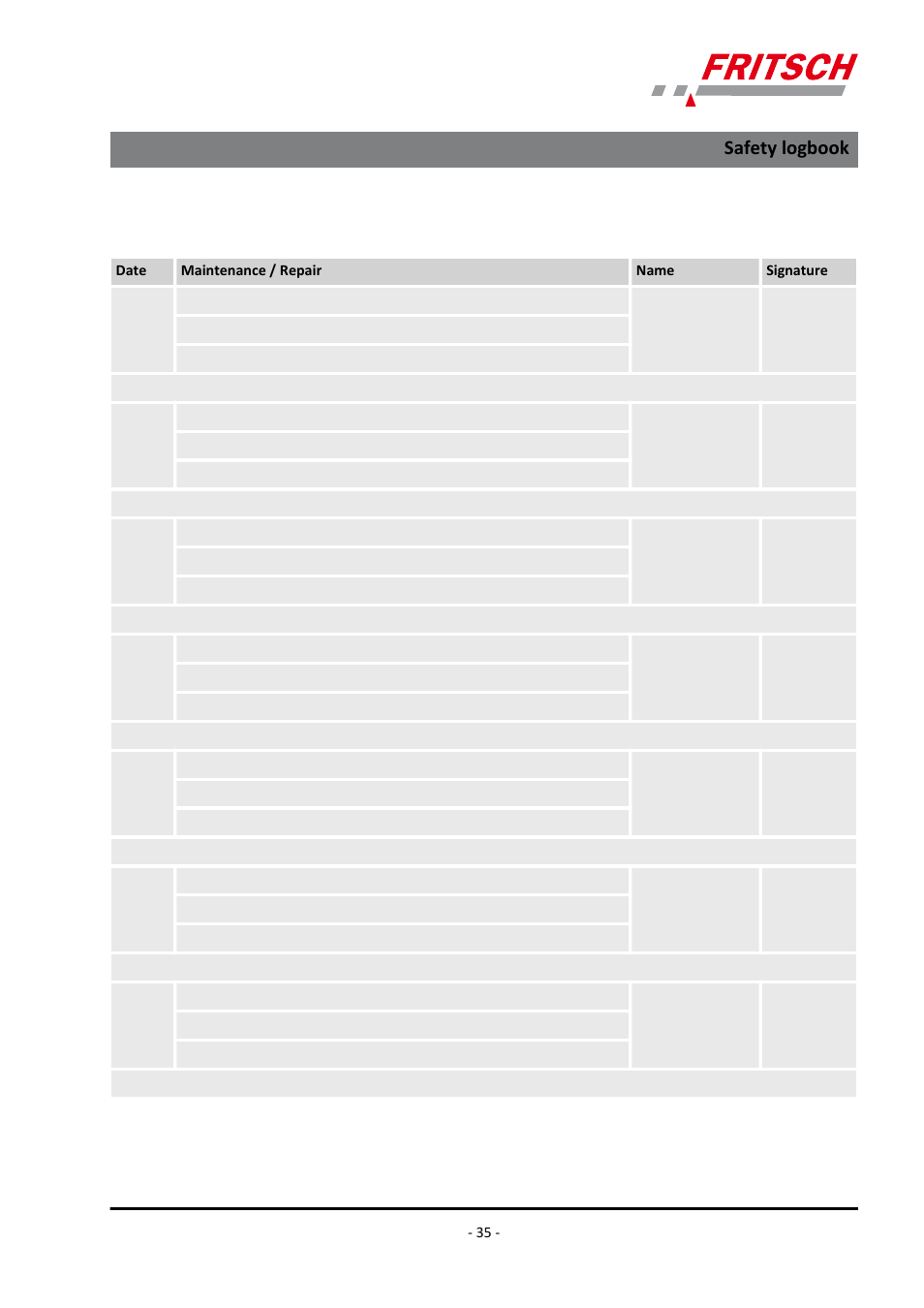 Safety logbook | FRITSCH LABORETTE 24 with V-shaped channel User Manual | Page 35 / 40