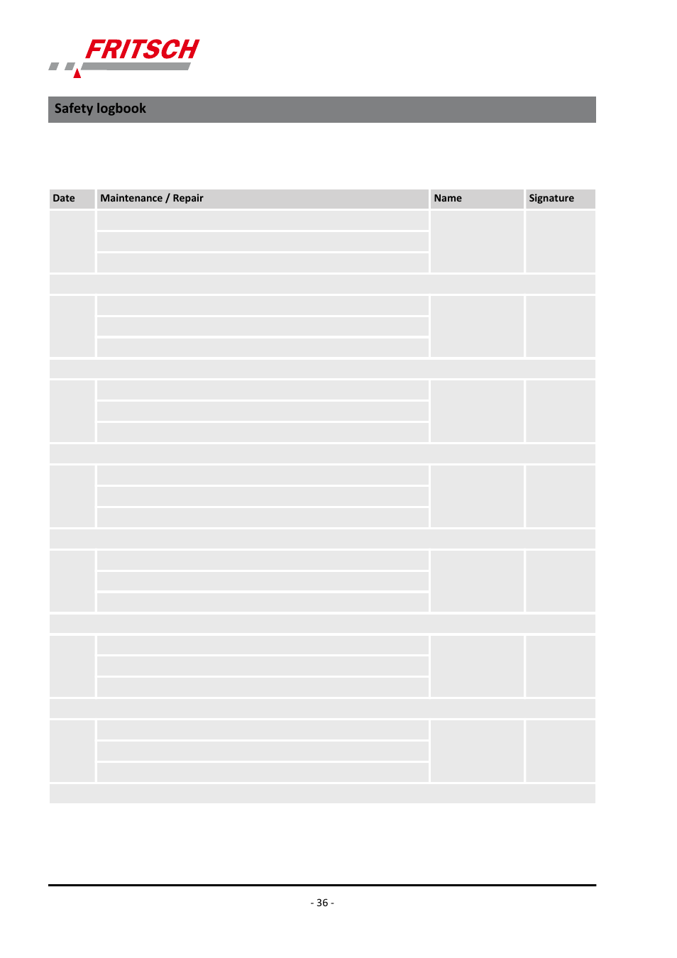 Safety logbook | FRITSCH LABORETTE 24 with V-shaped channel User Manual | Page 36 / 40