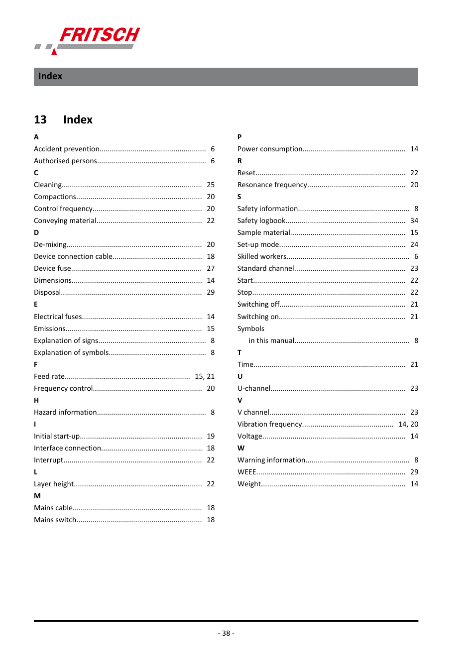 13 ​​index, Index, 13 index | FRITSCH LABORETTE 24 with V-shaped channel User Manual | Page 38 / 40