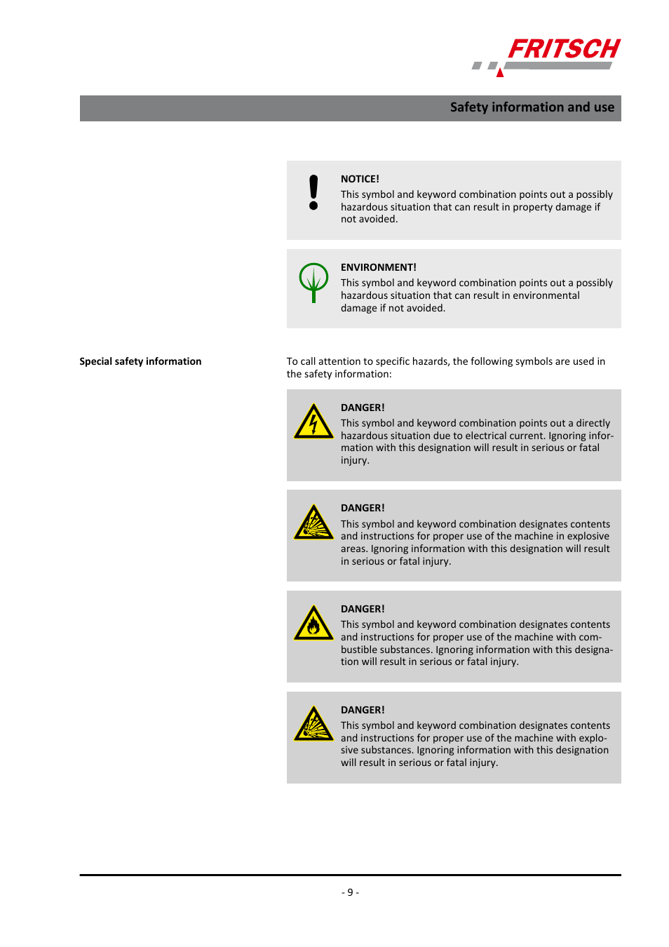 Safety information and use | FRITSCH LABORETTE 24 with V-shaped channel User Manual | Page 9 / 40