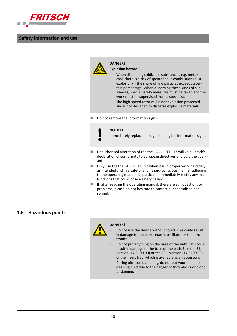 6 hazardous points, Safety information and use | FRITSCH LABORETTE 17, size II User Manual | Page 10 / 32