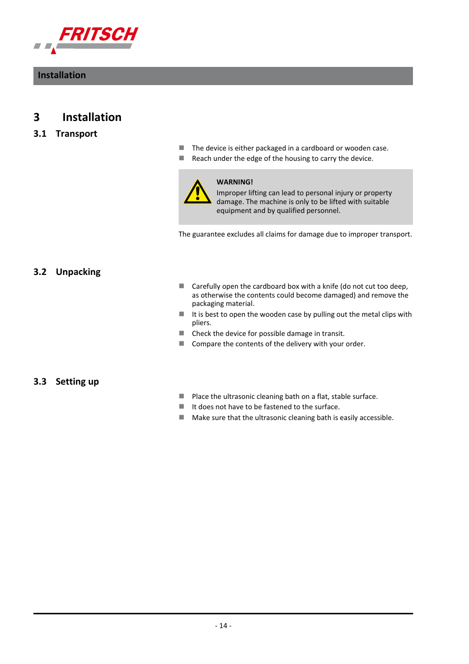 3 installation, 1 transport, 2 unpacking | 3 setting up, 3installation | FRITSCH LABORETTE 17, size II User Manual | Page 14 / 32