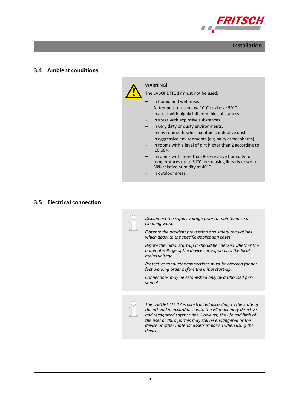 4 ambient conditions, 5 electrical connection, 4 ambient conditions 3.5 electrical connection | Installation | FRITSCH LABORETTE 17, size II User Manual | Page 15 / 32