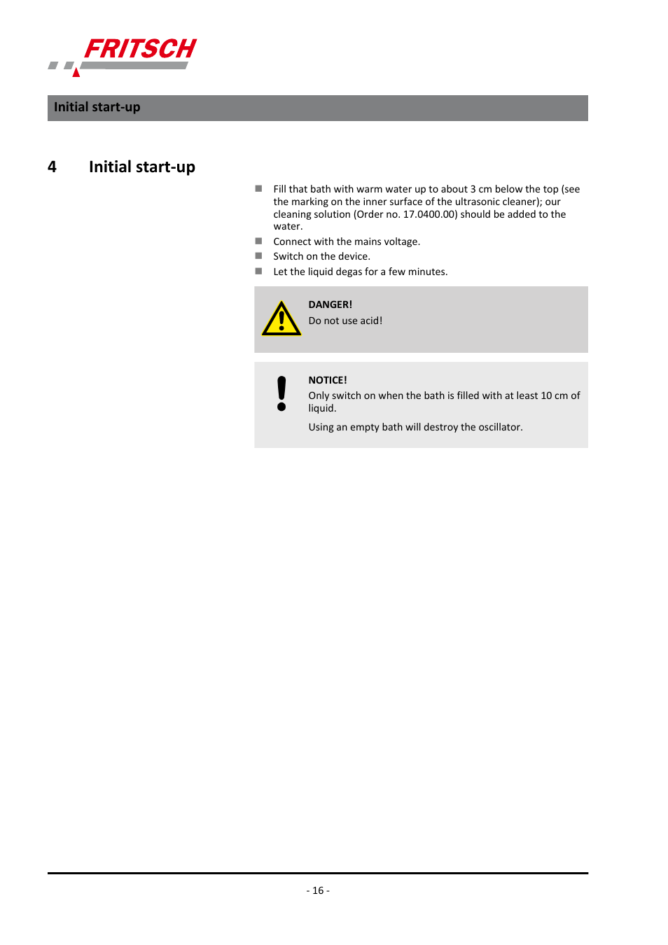 4 initial start-up, Initial start-up, 4initial start-up | FRITSCH LABORETTE 17, size II User Manual | Page 16 / 32