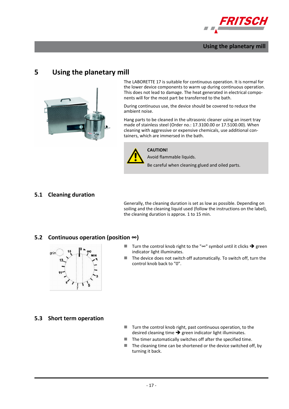 5 using the planetary mill, 1 cleaning duration, 2 continuous operation (position ∞) | 3 short term operation, 5using the planetary mill | FRITSCH LABORETTE 17, size II User Manual | Page 17 / 32