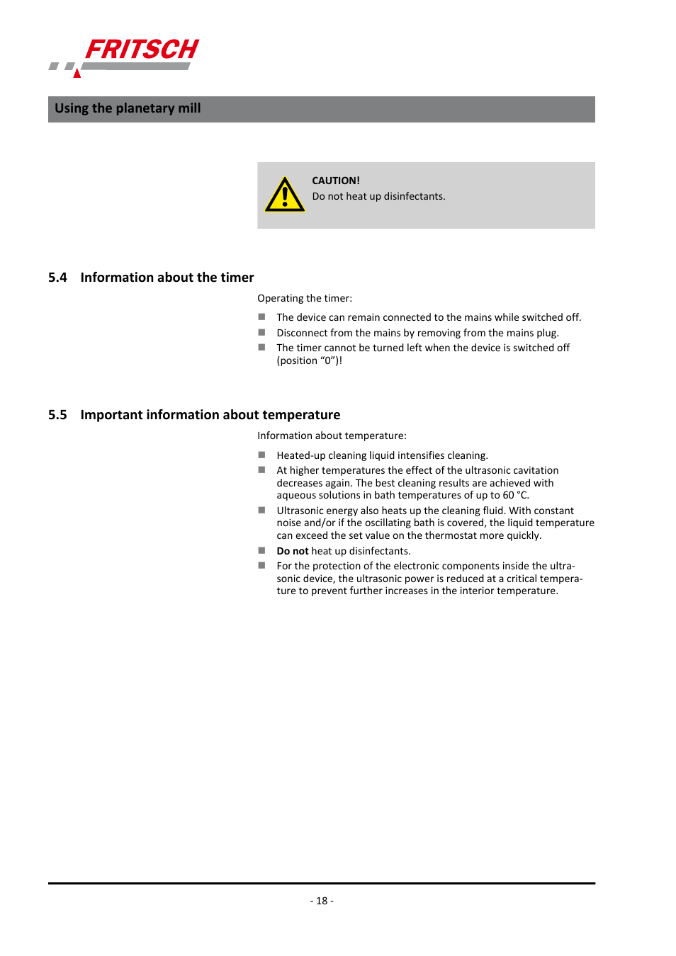 4 information about the timer, 5 important information about temperature, Using the planetary mill | FRITSCH LABORETTE 17, size II User Manual | Page 18 / 32