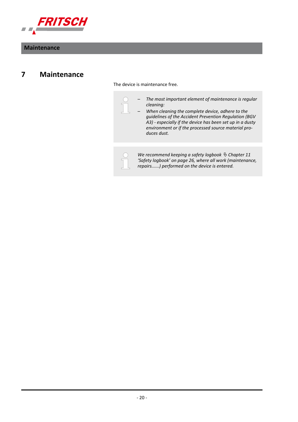 7 maintenance, Maintenance, 7maintenance | FRITSCH LABORETTE 17, size II User Manual | Page 20 / 32