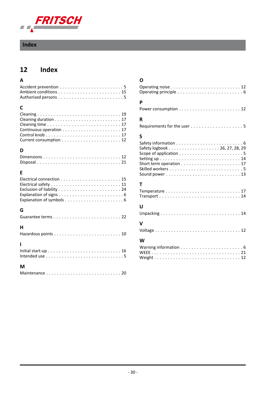 12 index, Index | FRITSCH LABORETTE 17, size II User Manual | Page 30 / 32