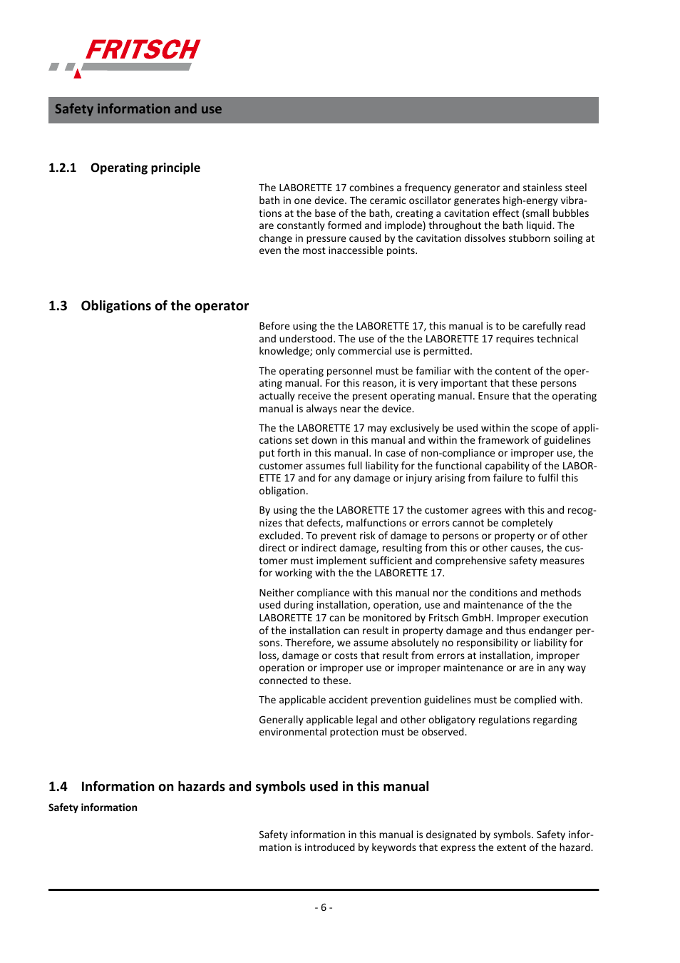 1 operating principle, 3 obligations of the operator, Safety information and use | FRITSCH LABORETTE 17, size II User Manual | Page 6 / 32