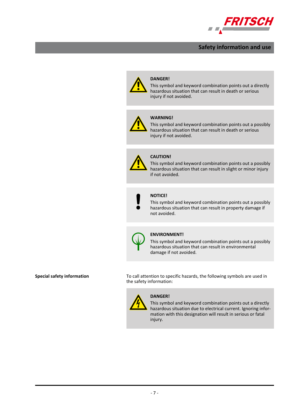 Safety information and use | FRITSCH LABORETTE 17, size II User Manual | Page 7 / 32