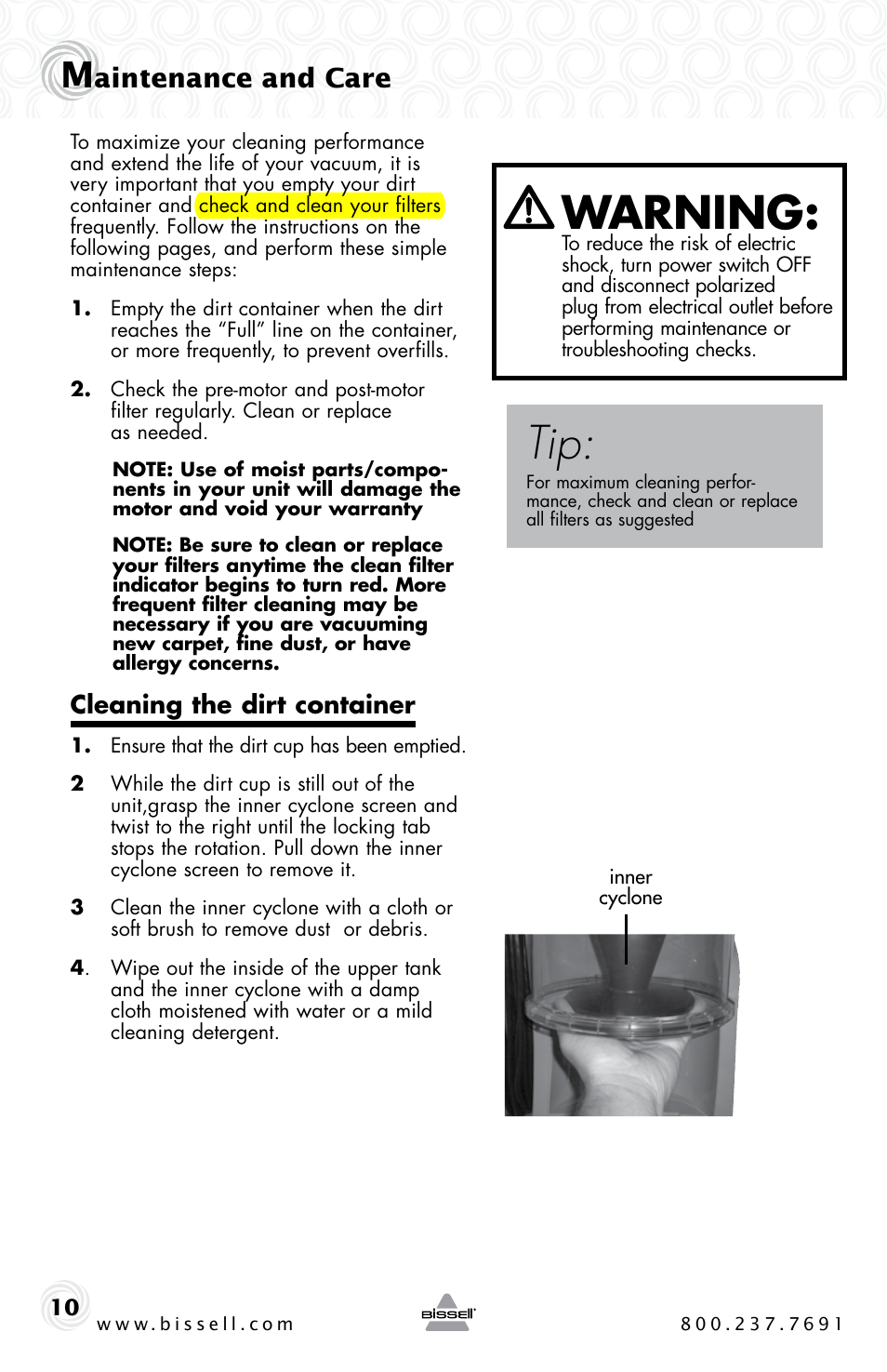 Warning, Aintenance and care, Cleaning the dirt container | Bissell 61C5-G User Manual | Page 10 / 20
