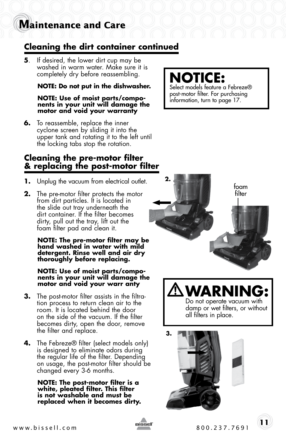 Warning, Notice, Aintenance and care | Bissell 61C5-G User Manual | Page 11 / 20
