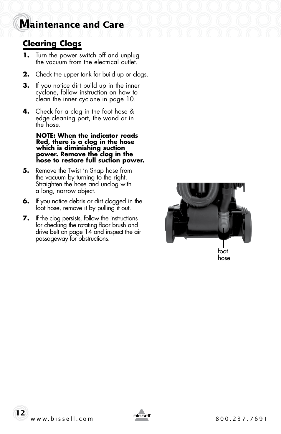 Aintenance and care, Clearing clogs | Bissell 61C5-G User Manual | Page 12 / 20