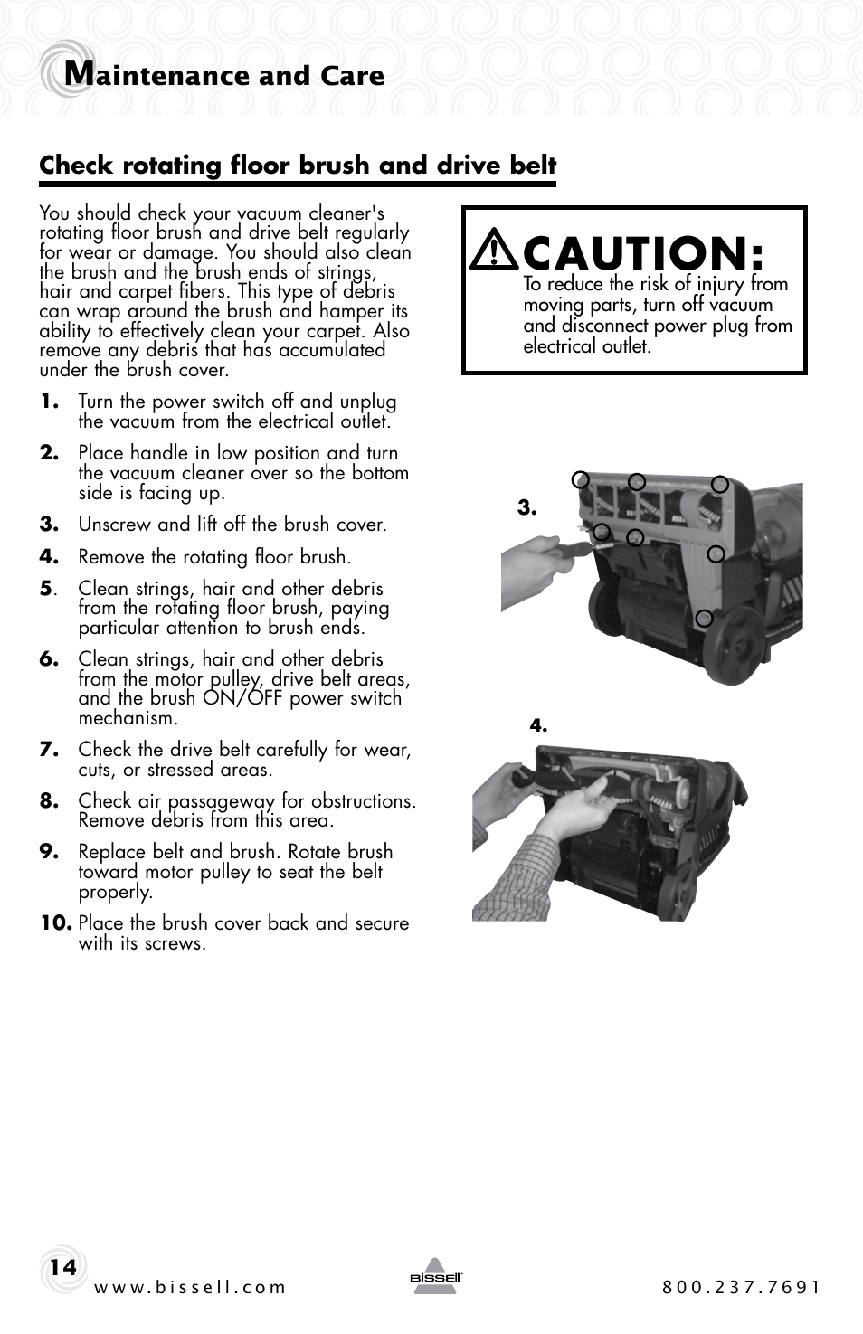 Caution, Aintenance and care, Check rotating floor brush and drive belt | Bissell 61C5-G User Manual | Page 14 / 20