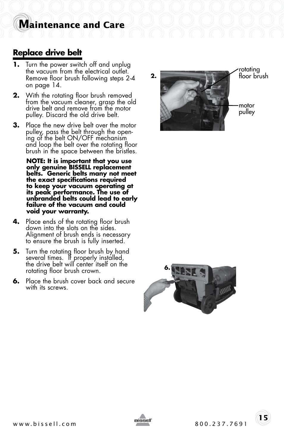 Aintenance and care, Replace drive belt | Bissell 61C5-G User Manual | Page 15 / 20