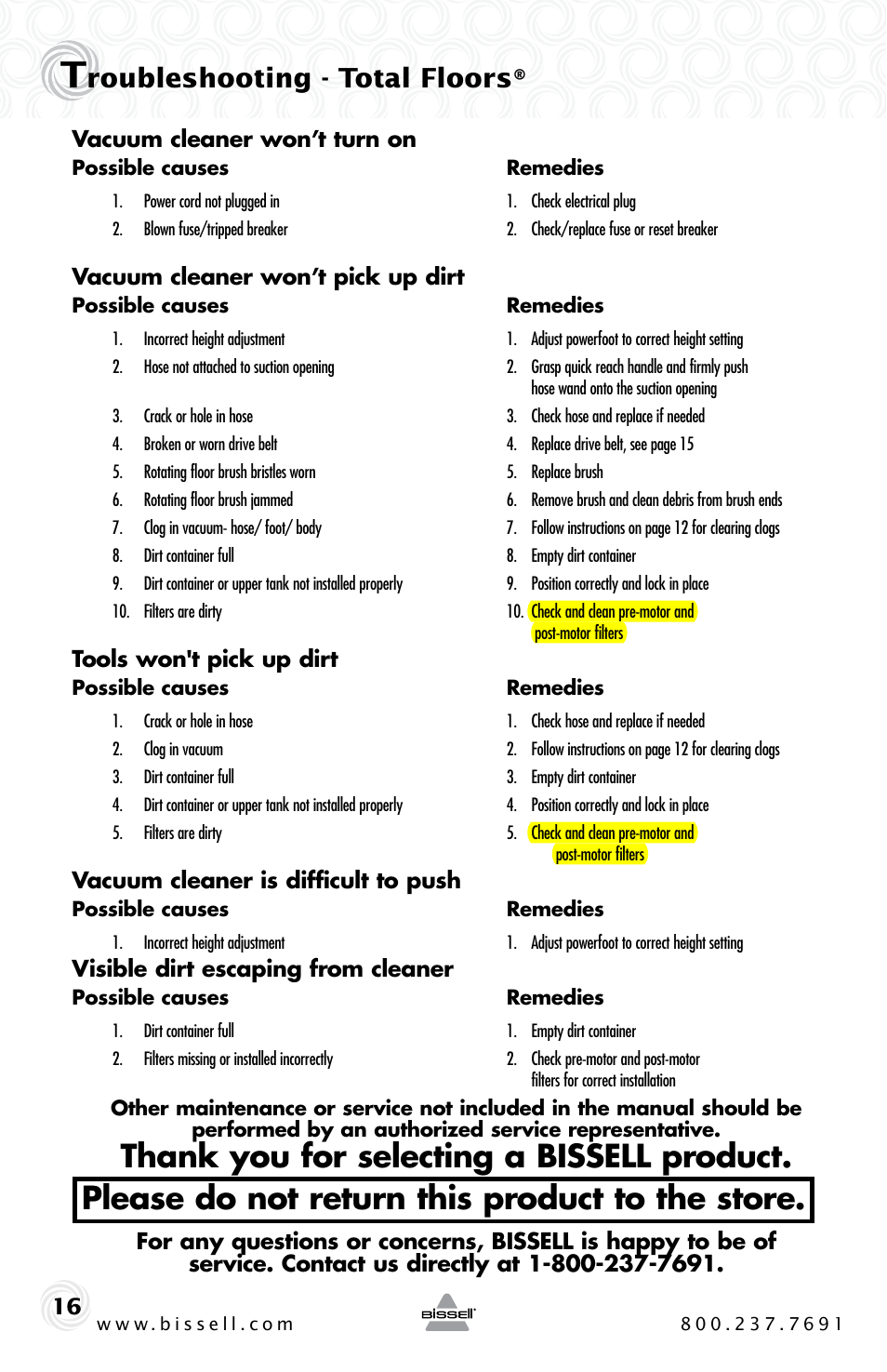 Roubleshooting - total floors | Bissell 61C5-G User Manual | Page 16 / 20