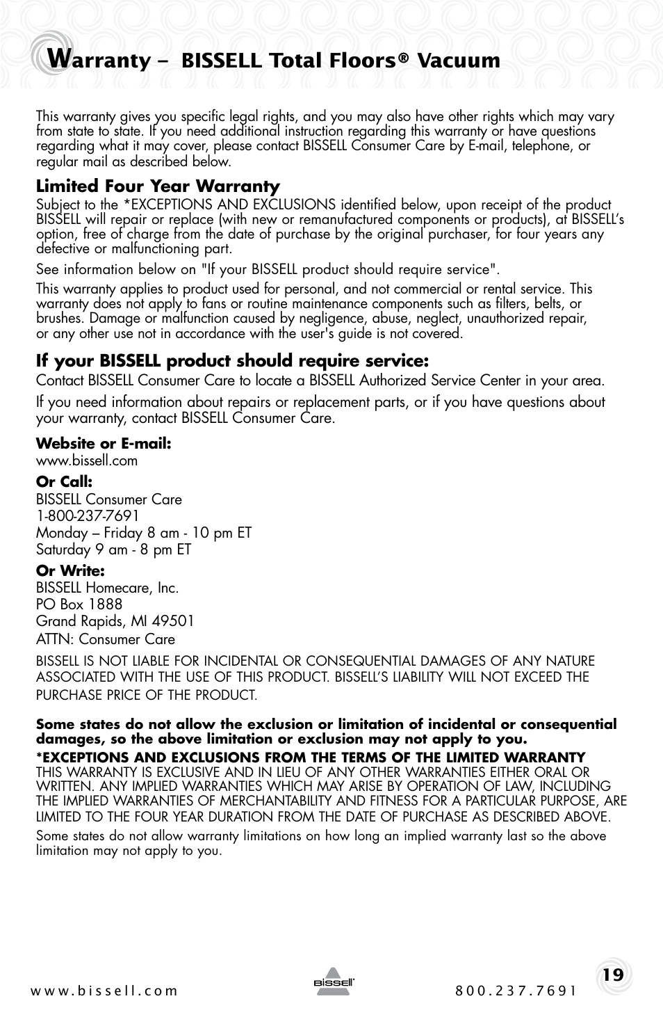 Arranty – bissell total floors® vacuum | Bissell 61C5-G User Manual | Page 19 / 20