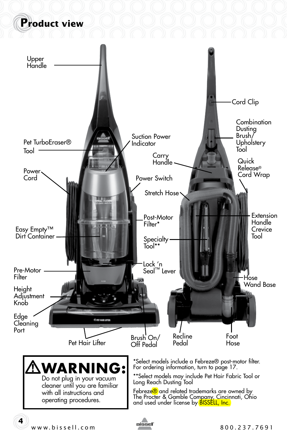 Warning, Roduct view | Bissell 61C5-G User Manual | Page 4 / 20