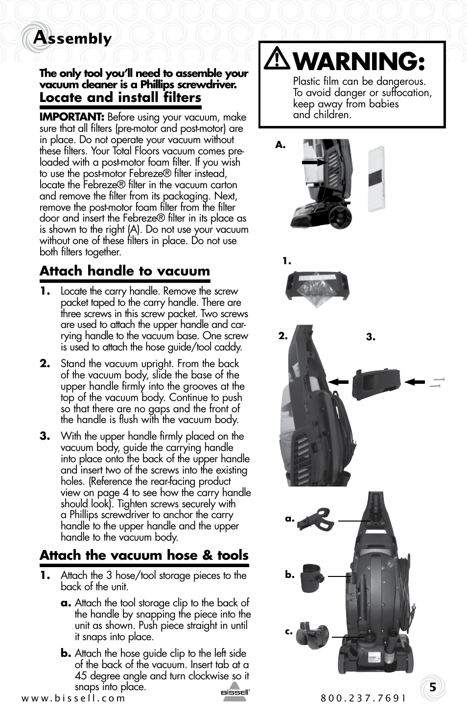 Warning, Ssembly, Locate and install filters | Attach handle to vacuum, Attach the vacuum hose & tools | Bissell 61C5-G User Manual | Page 5 / 20