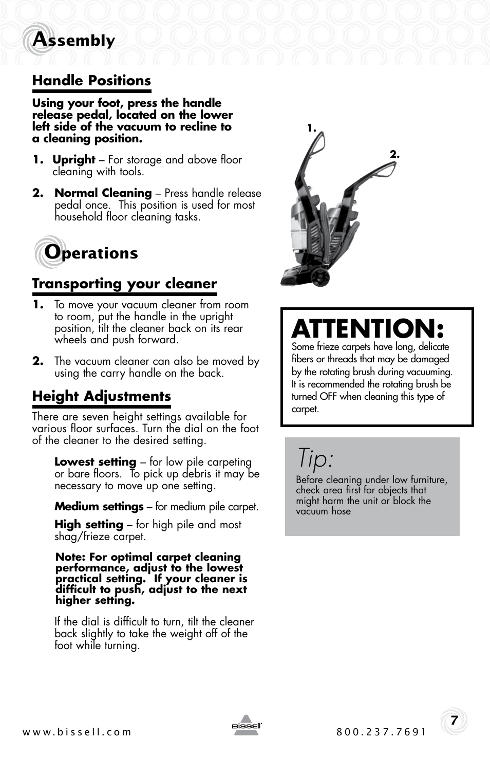 Attention, Ssembly, Perations | Bissell 61C5-G User Manual | Page 7 / 20