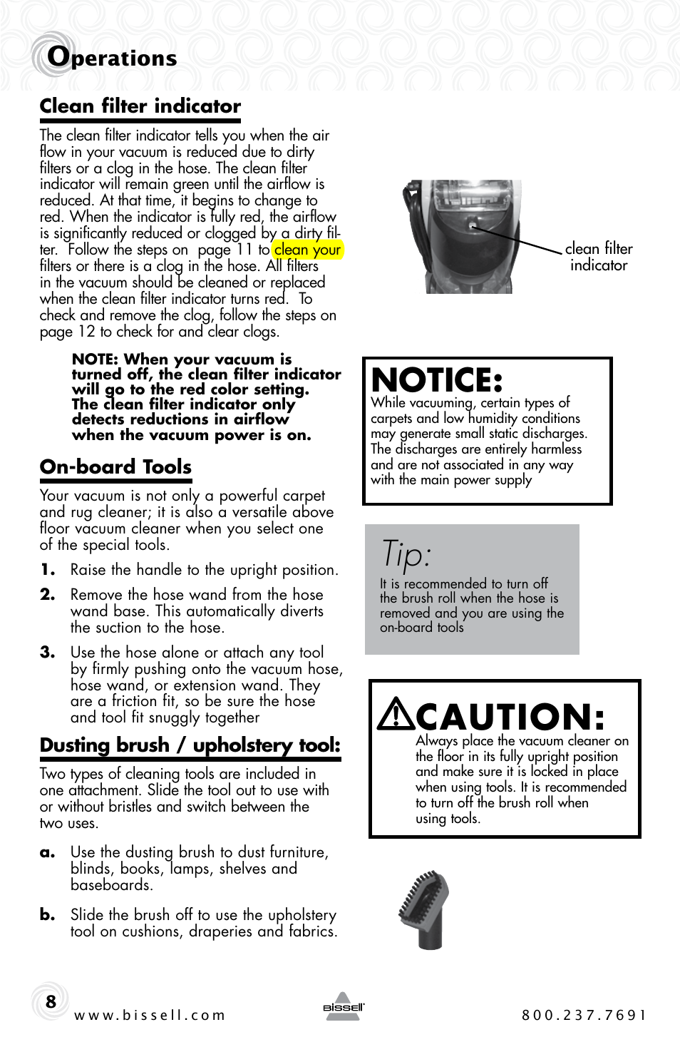 Caution, Notice, Perations | Bissell 61C5-G User Manual | Page 8 / 20