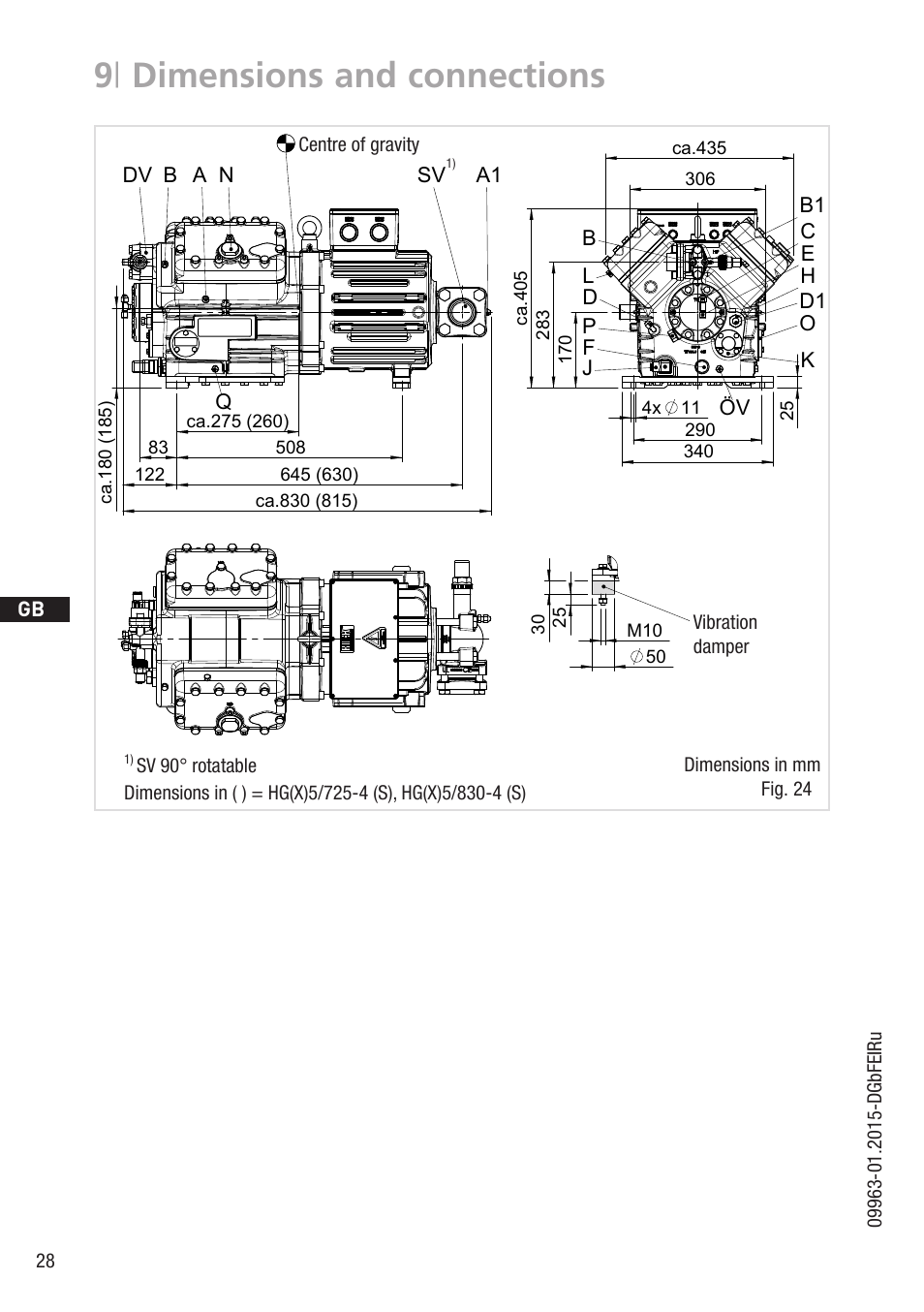 9 | dimensions and connections, Dv b n sv a a1 q, Sv 90° rotatable | Vibration damper, Halbhermetischer verdichter hg | GEA Bock HG5 User Manual | Page 28 / 32