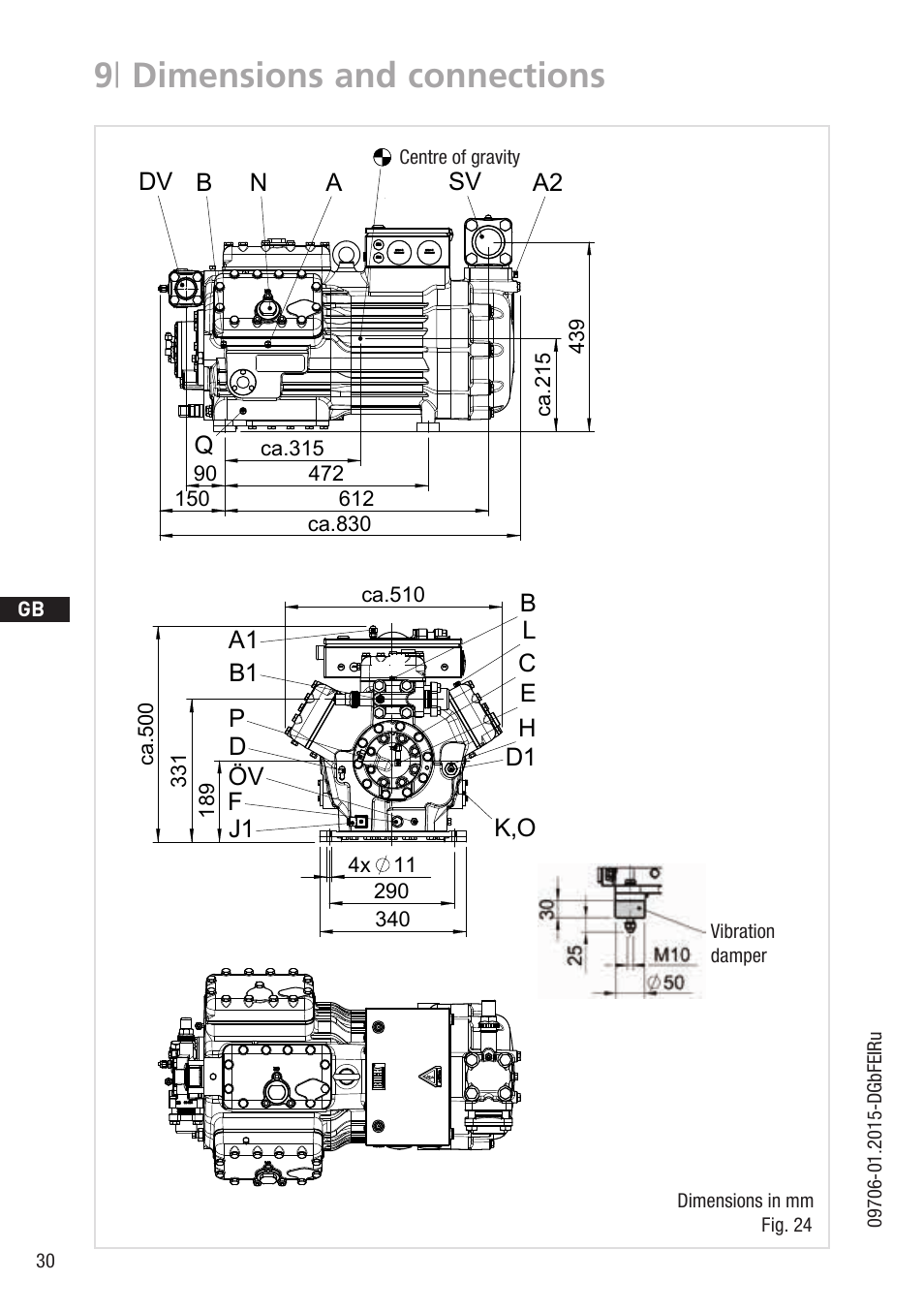 9 | dimensions and connections, Sv dv n a2, Ba q | Fp l c k,o d1 h b1 e a1 d b x, Dv sv a2, Ba n q, Fig. 24 dimensions in mm, Vibration damper centre of gravity | GEA Bock HG7 User Manual | Page 30 / 34