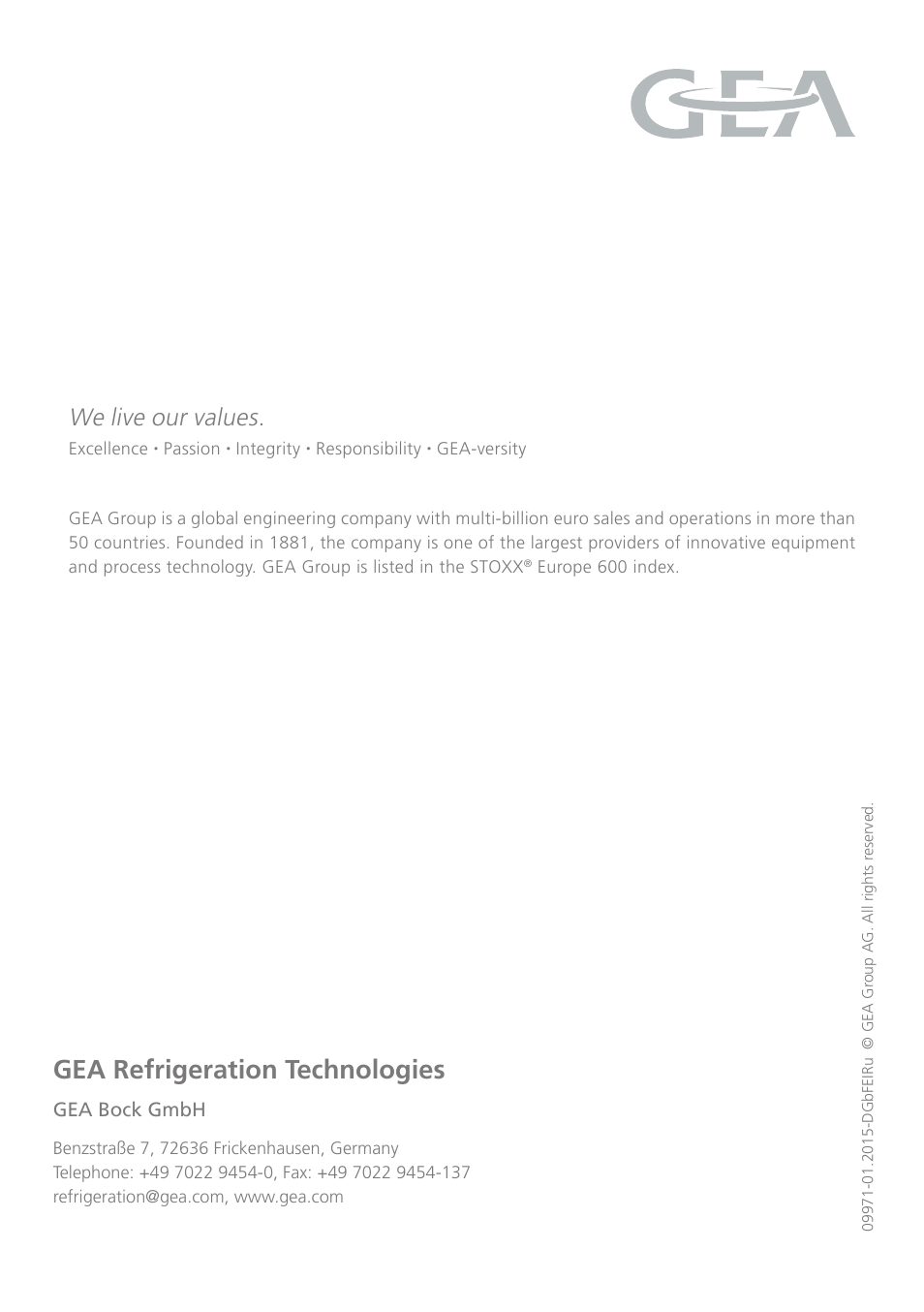 Gea refrigeration technologies, We live our values | GEA Bock HG6 User Manual | Page 32 / 32