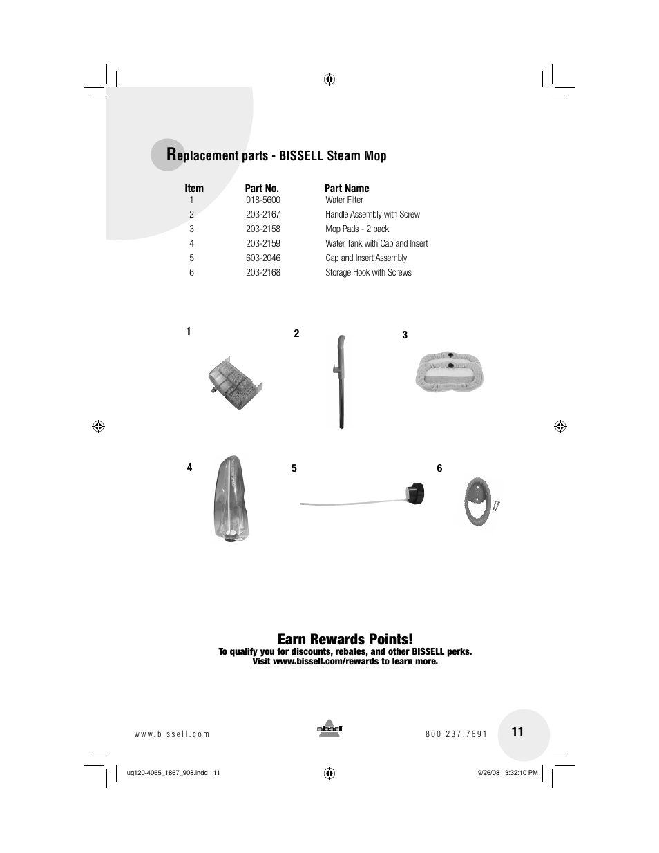 Earn rewards points, Eplacement parts - bissell steam mop | Bissell 1867 User Manual | Page 11 / 12