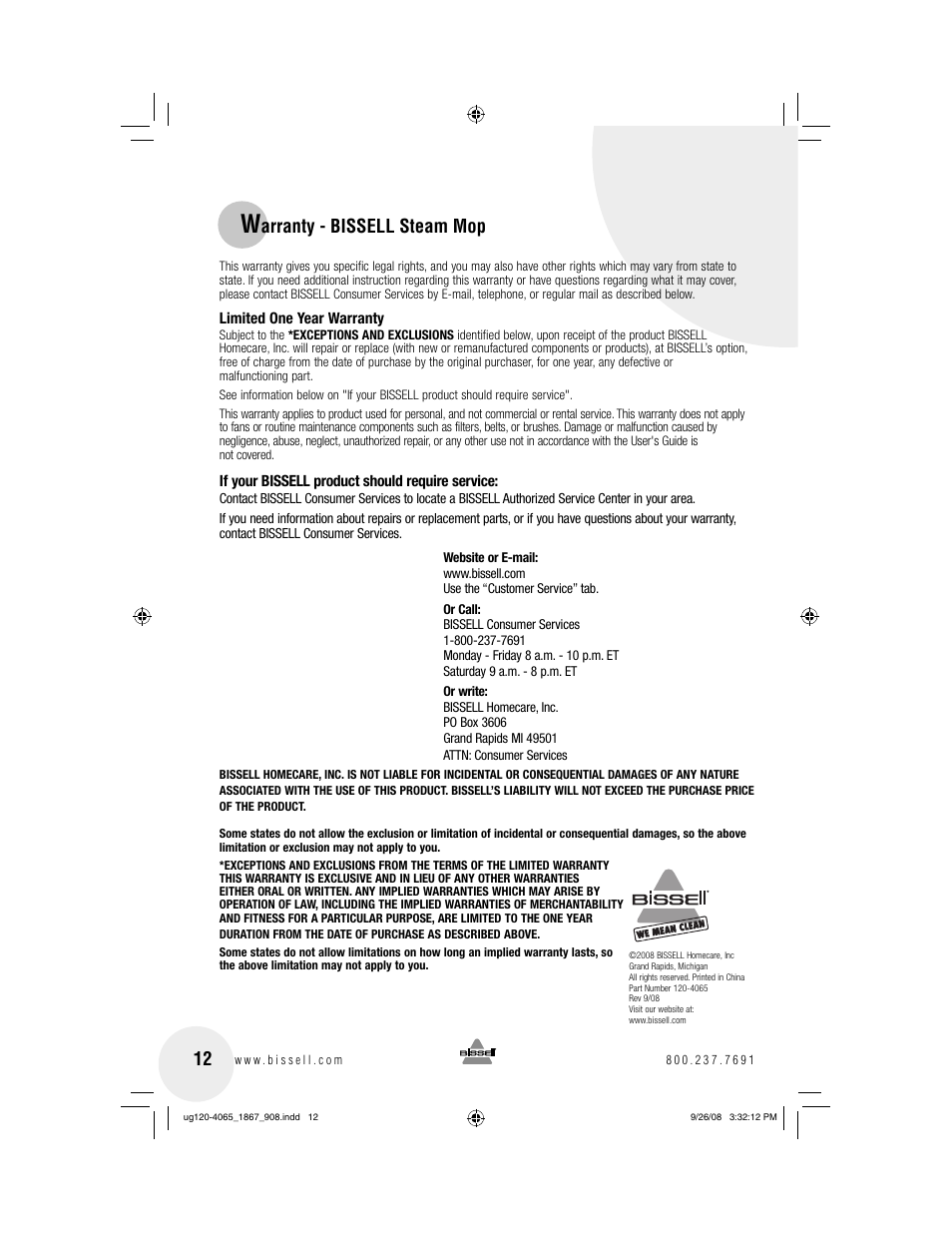Arranty - bissell steam mop | Bissell 1867 User Manual | Page 12 / 12