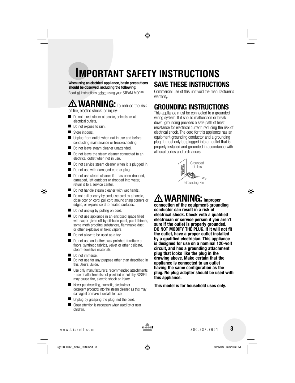 Mportant safety instructions, Warning, Save these instructions | Grounding instructions | Bissell 1867 User Manual | Page 3 / 12