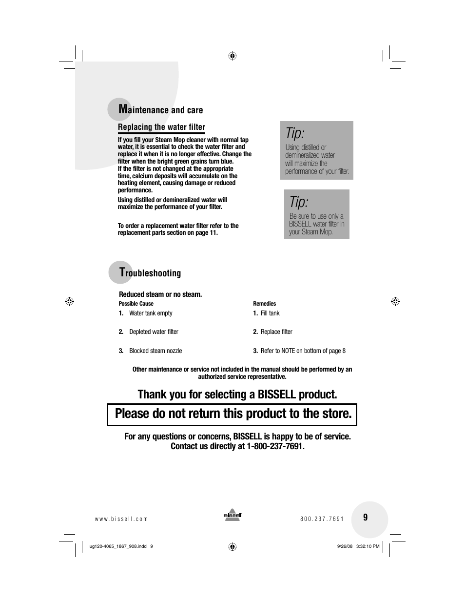 Please do not return this product to the store | Bissell 1867 User Manual | Page 9 / 12