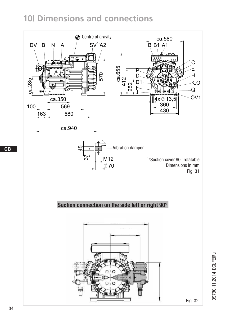 10 | dimensions and connections, Suction connection on the side left or right 90, B3 2 | Vibration damper, Zeichn.-nr. / drawing no | GEA Bock HG8 User Manual | Page 34 / 38
