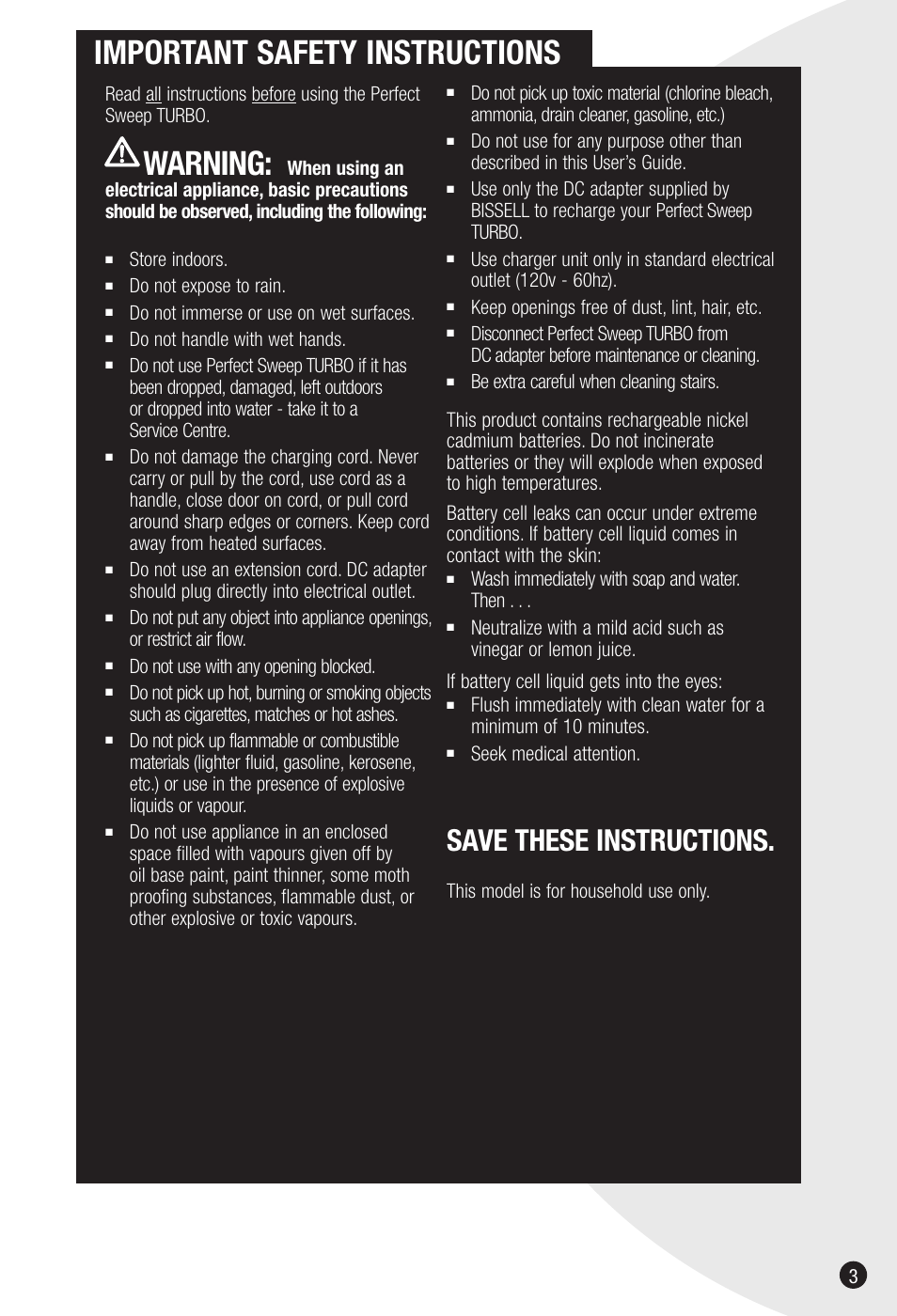 Important safety instructions, Warning, Save these instructions | Bissell 2810 User Manual | Page 3 / 8